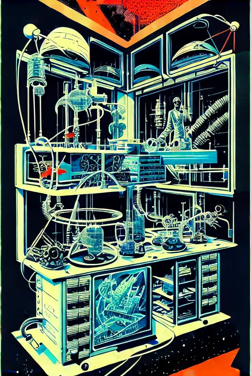 Image similar to mad - scientist laboratory, high details, intricately detailed, by vincent di fate, inking, 3 color screen print, masterpiece, trending on artstation,, sharp, details, hyper - detailed, hd, 4 k, 8 k