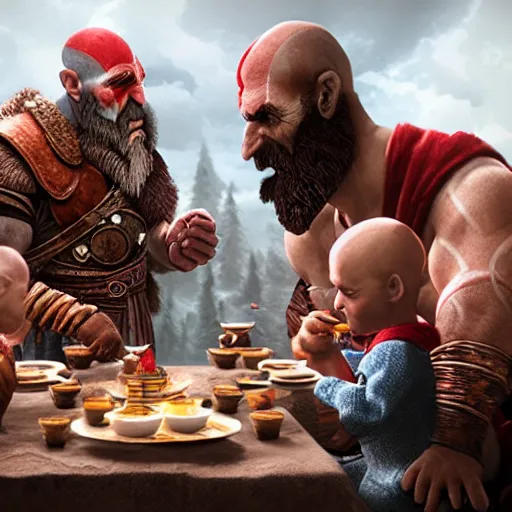 Image similar to god of war having a tea party with little kids, digital painting, 3 d, octane render, accurate