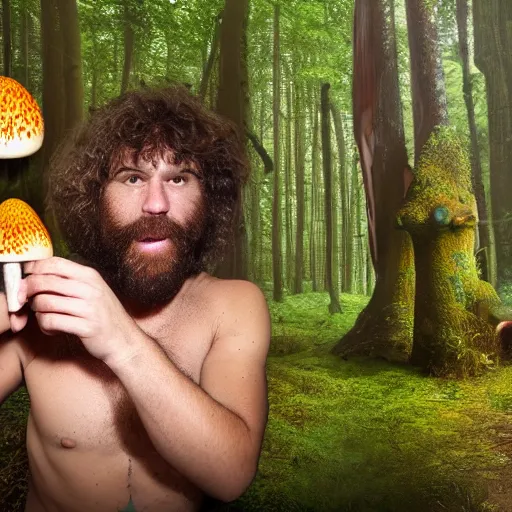 Prompt: caveman discovering magic mushrooms for the first time. 8 k photograph
