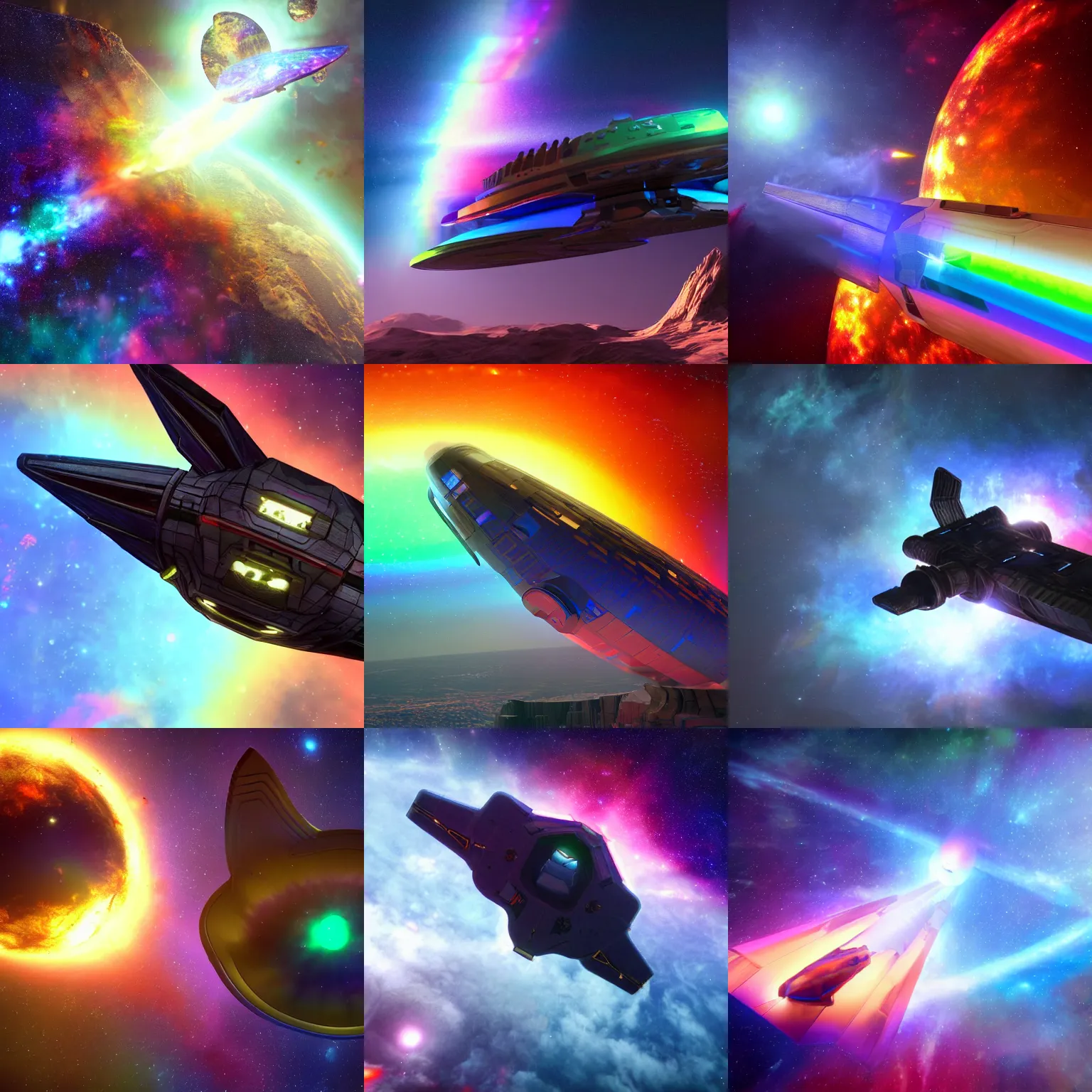 Prompt: A spaceship exploring a giant gay lgbt nebula, surreal photorealistic unreal engine high definition 3d rendering trending on artstation. The nebula is gay and has dragons swimming around in it. Everything is gay and lgbt. The spaceship is trans