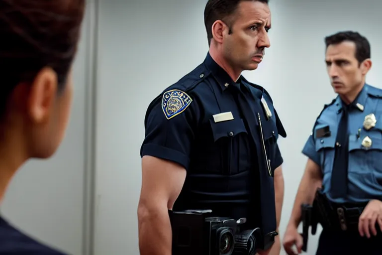 Image similar to vfx film closeup, police detective couple arguing in police precinct, over the shoulder shot, flat color profile low - key lighting award winning photography arri alexa cinematography, hyper real photorealistic cinematic beautiful natural skin, famous face, atmospheric cool colorgrade