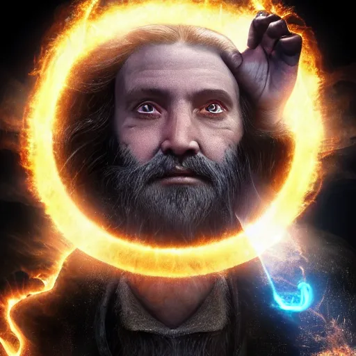 Prompt: A stunning portrait of a powerful wizard. He casts a spell, an orb of magical fire hovers above his hands. Epic fantasy art. Award-winning on Artstation. Sharp. HD. 4K. 8K