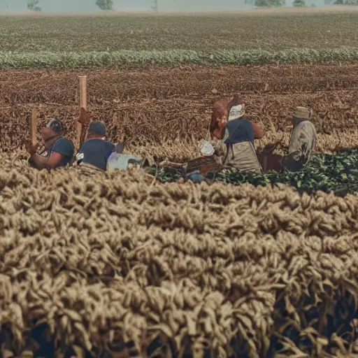 Image similar to photo of farmers fighting against military, award winning, golden hour