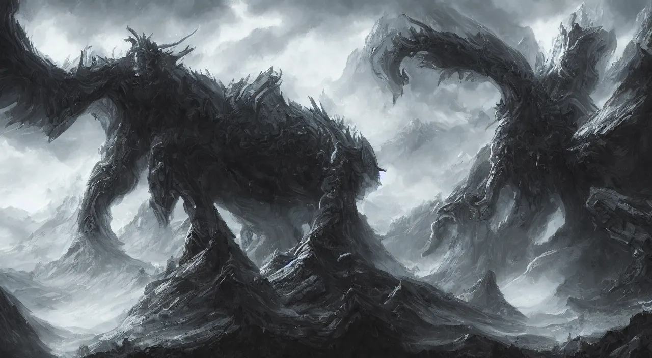 Image similar to giant archdemon looming over a cold valley, dramatic, detailed, 4K digital painting