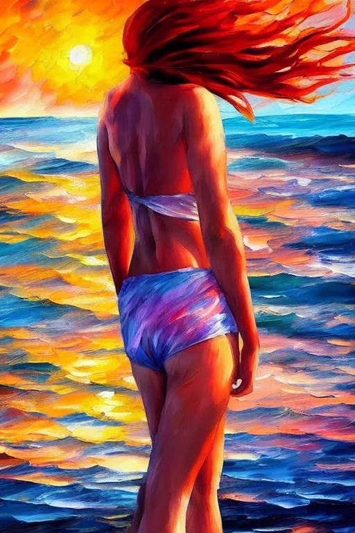 Image similar to a red haired young girl beach surreal, sunrise, dramatic light, impressionist painting, colorful clouds, digital painting, artstation, leonid afremov