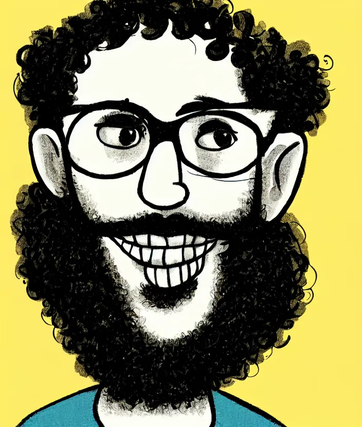 Prompt: jewish young man with glasses, dark short curly hair smiling, illustration in the style of shel silverstein