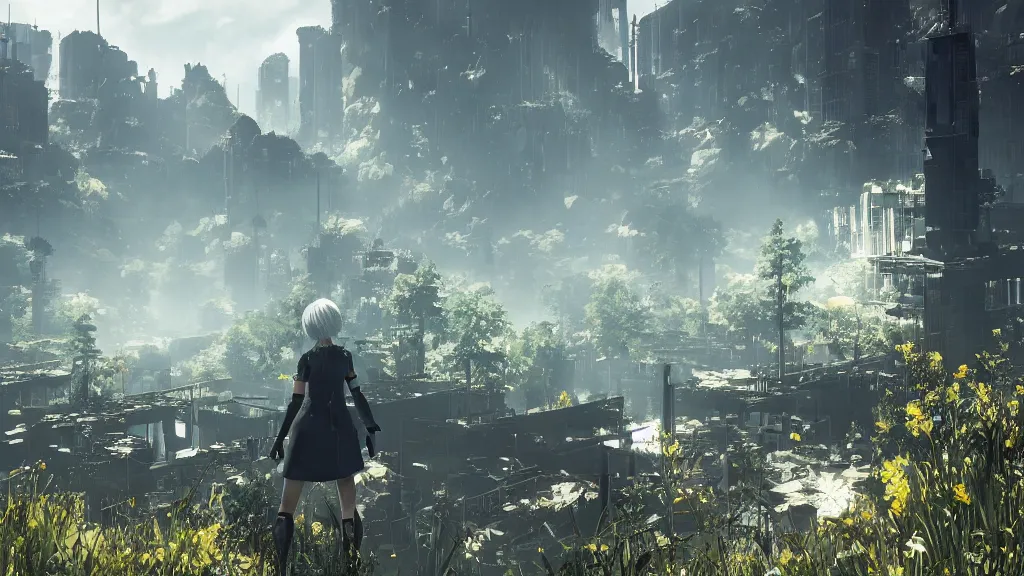 Image similar to beautiful Nier Automata landscape, no characters