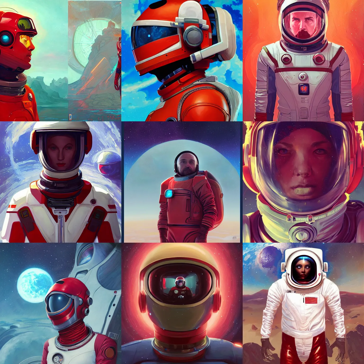 Prompt: futuristic space explorer portraits. red astronaut suit. oil painting. unreal engine, artstation. mucha, dan mumford, josan gonzalez, victo ngai