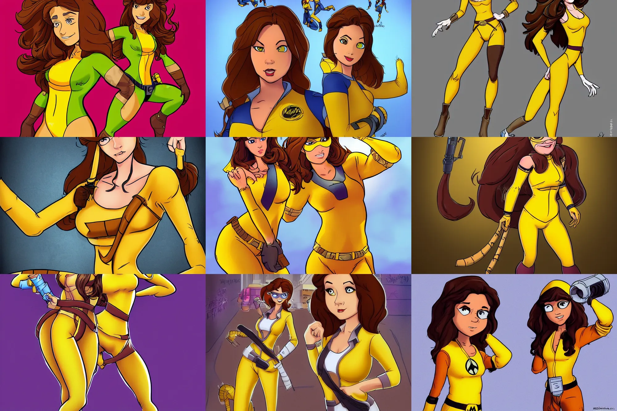 Prompt: beautiful brown hair female reporter in a yellow jumpsuit character april o ’ neil from animated series teenage mutant ninja turtles ( tmnt 1 9 8 7 ), by in the style of comics x - man,, trending on art station