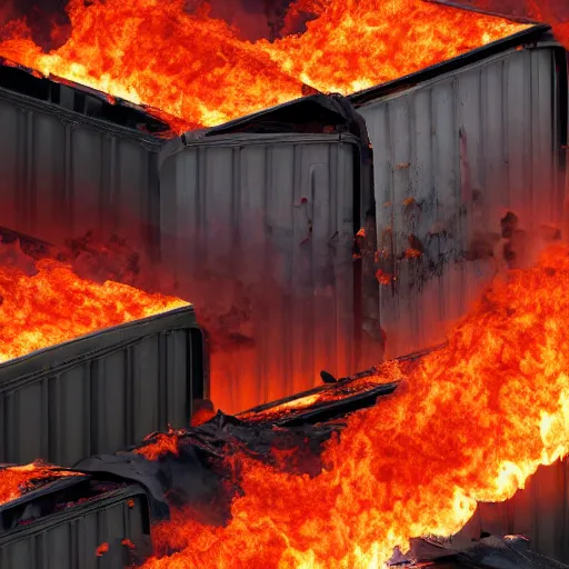 Image similar to a stack of dumpsters in flames located at the middle of a train wreck trending on artstation 4 k detailed sharp high detail