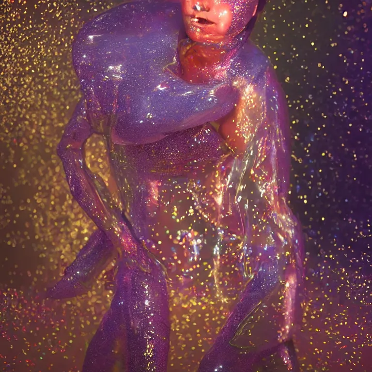 Prompt: octane render portrait by wayne barlow and carlo crivelli and glenn fabry, a woman wearing a giant inflated clear plastic suit full of colorful thick fluid containing glitter, inside an underground soviet dance club, fog and atmospheric lighting, cinema 4 d, ray traced lighting, very short depth of field, bokeh