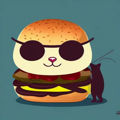 Image similar to cute fat cat eating a burger, digital art,concept art,no noise