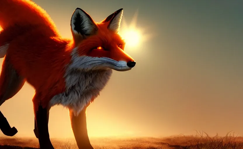 Prompt: a slightly menacing fox. daylight. sunlight. lens flare. light fixtures. art in atompunk style. 8K. detailed. photorealism. artstation. ultra realistic