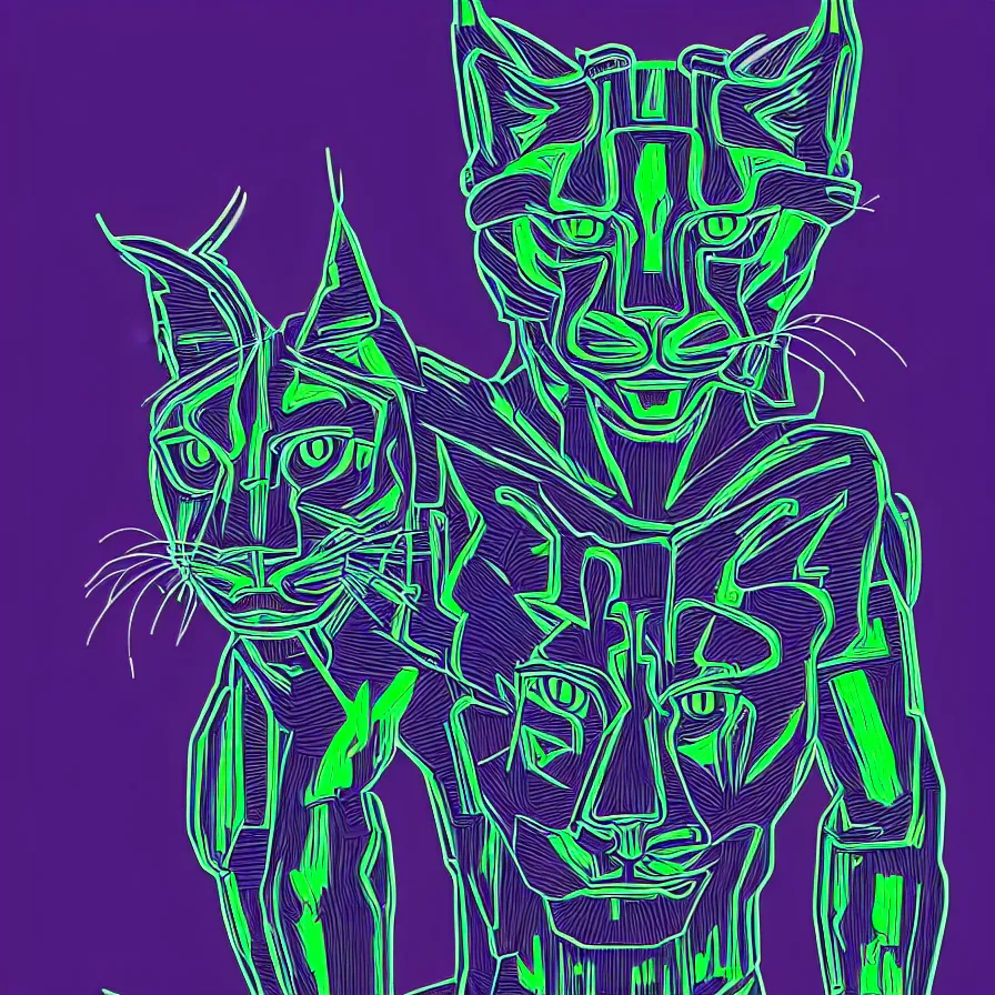 Image similar to a slightly minimalist very detailed fullbody portrait antropomorphic humanoid android with a head of a lynx. lowbrow blacklight color palette. artwork by subjekt zero. black background.