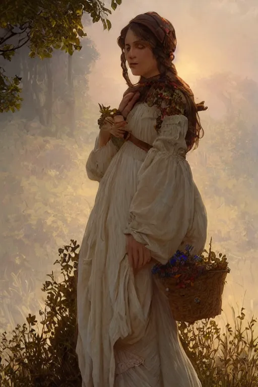 Image similar to beautiful cottagecore peasant maiden, intricate, elegant, highly detailed, digital painting, artstation, concept art, smooth, sharp focus, illustration, art by artgerm and greg rutkowski and alphonse mucha