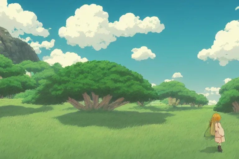 Image similar to landscape, summer, morning, beautiful cloud, quiet, no people, Ghibli, Anime Background, Miyazaki Hayao, concept art, illustration,smooth, sharp focus, intricate, super wide angle, trending on artstation, trending on deviantart, pixelart, pixelperfect, pixel art, pixel, color limit