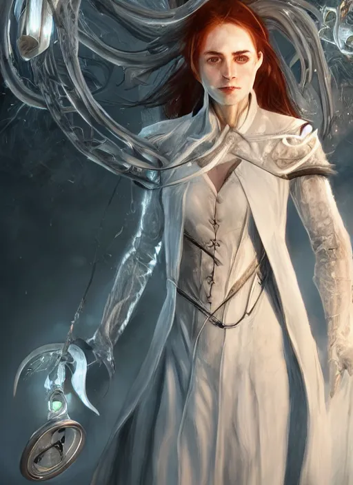 Prompt: a female doctor in white coat, ultra detailed fantasy, elden ring, realistic, dnd, rpg, lotr game design fanart by concept art, behance hd, artstation, deviantart, global illumination radiating a glowing aura global illumination ray tracing hdr render in unreal engine 5