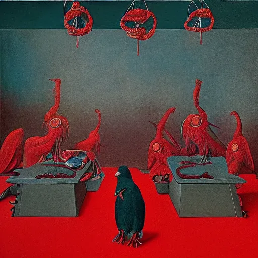 Image similar to surreal colour photography of a red raven dark turquoise and shadows by sandy skoglund and heironymus bosch, victorian painting