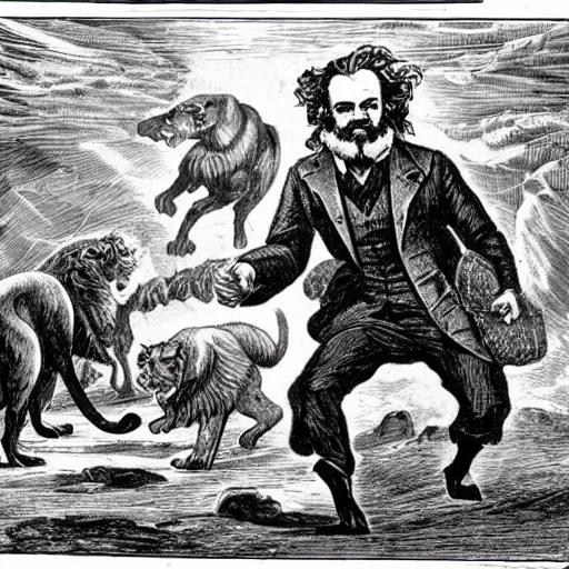 Prompt: Possessed Karl Marx stops a thousand giant lions from eating Earth, space telescope photography