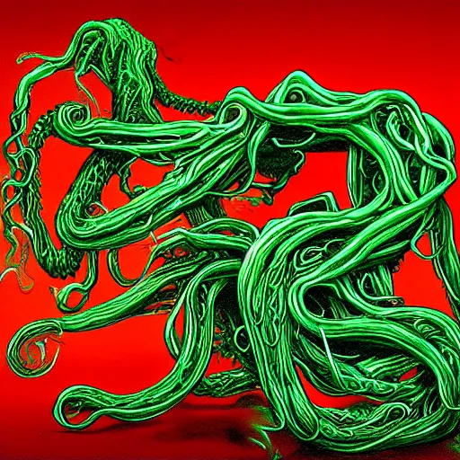 Image similar to a hyper detailed filmic wide shot 30mm color film photograph of a bundle of a dangerous shape shifting alien creaturing spewing long worm-like spiney tendrils out of its snarling mouth, the tendrils are coiling around and smothering a male 70-year-old doctor wearing a lab coat under dreary fluorescent lights in the style of an horror film still from The Thing 1982