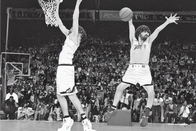 Image similar to peter dinklage dunking a basketball nba slam dunk contest 1 9 9 8, in the style of eugene atget and peter witkin