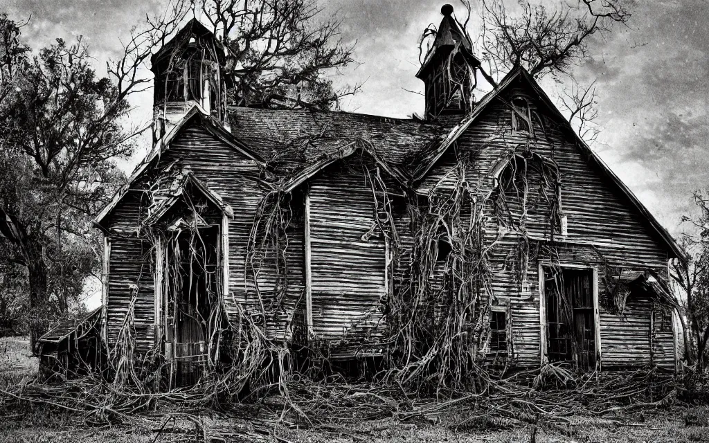 Prompt: an old wooden church rotting away in the bayou with tentacles growing from within, realistic, old color photograph, dynamic composition, creepy