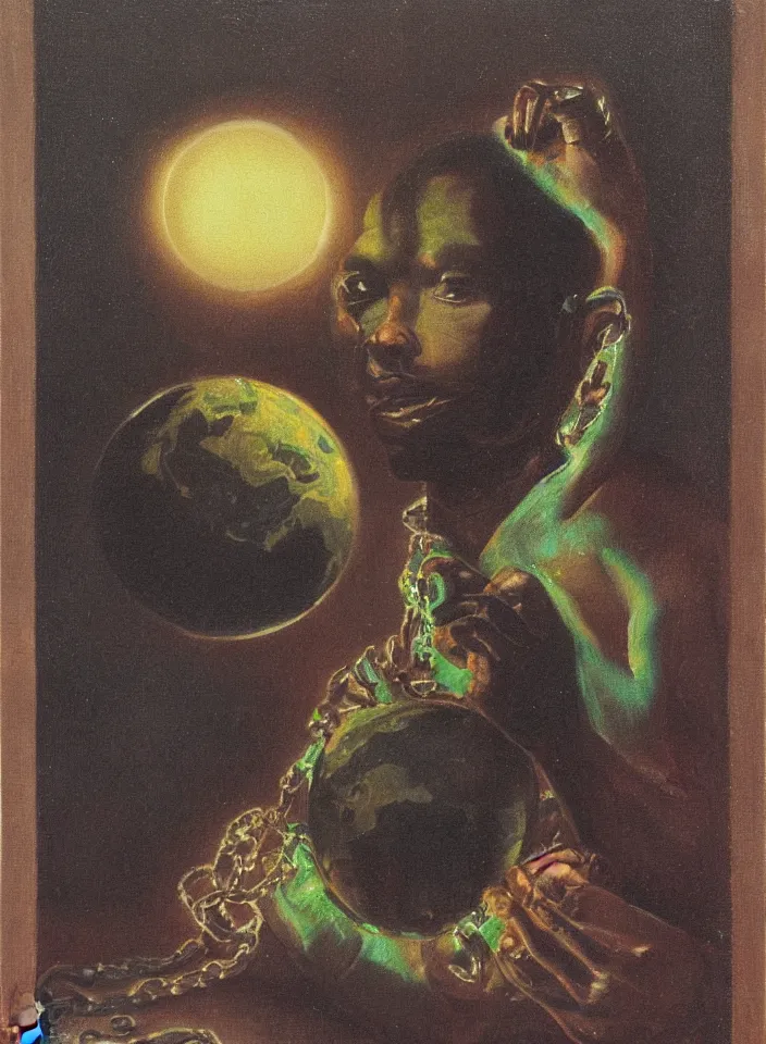 Image similar to a portrait of a humanoid black puma staring at a glowing globe in a necklace, painting by Randolph Stanley Hewton