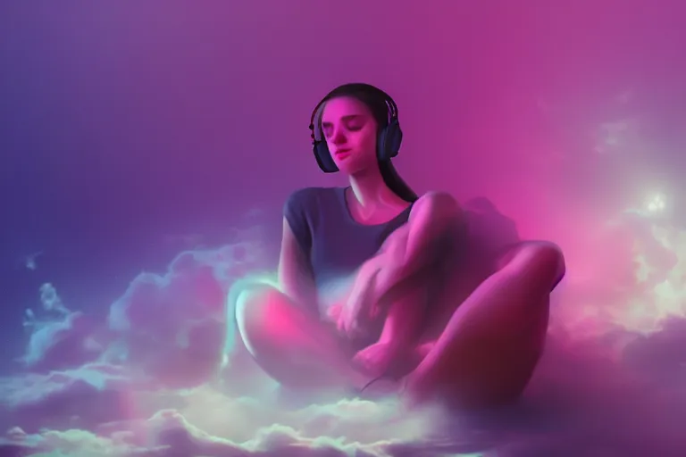 Image similar to a cute girl wearing headphones sitting on a cloud relaxing, misty, glows, digital art, hazy, foggy, ambient lighting, 8 k, neon, synthwave,