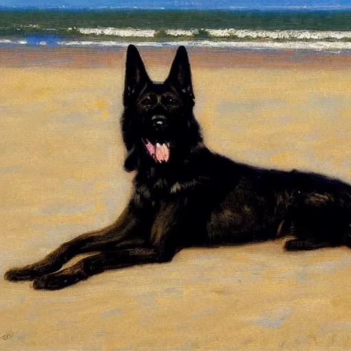 Prompt: a portrait of a black german shepard dogman canine lying at the beach in a swimsuit. highly detailed painting by gaston bussiere craig mullins jc