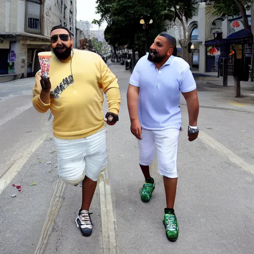 Image similar to Hide the pain Arnold and DJ Khaled licking ice cream in street while walking, 4K, photorealistic