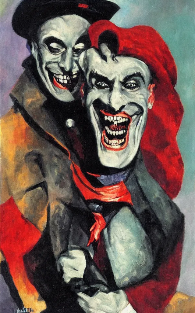 Image similar to portrait of conrad veidt the man who laughs freakish grin, award winning oil painting, sharp color palette