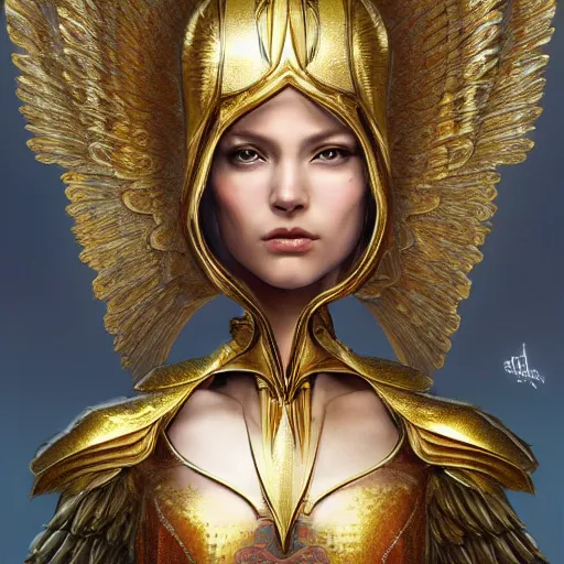 Image similar to a beautiful angel with a golden helmet wearing a silver armor with golden ornaments and diamonds jewelry, wings by alex gray and android jones, karol bak, ayami kojima, amano, concept art, character design, fantasy, 3 d, 8 k resolution