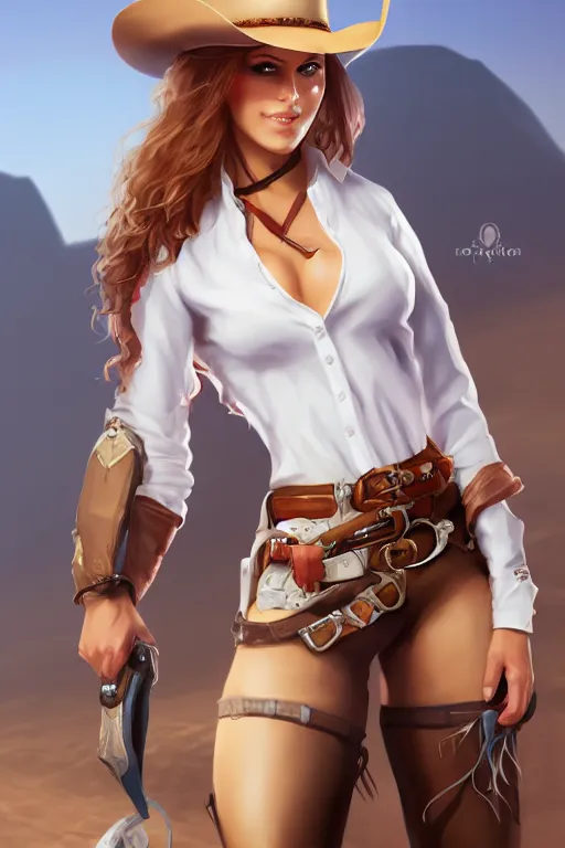 Image similar to full body, female cowgirl, perfect face, white blouse, holster, 8 k, magic the gathering, desert, d & d, artstation, high detail, smooth, muscular