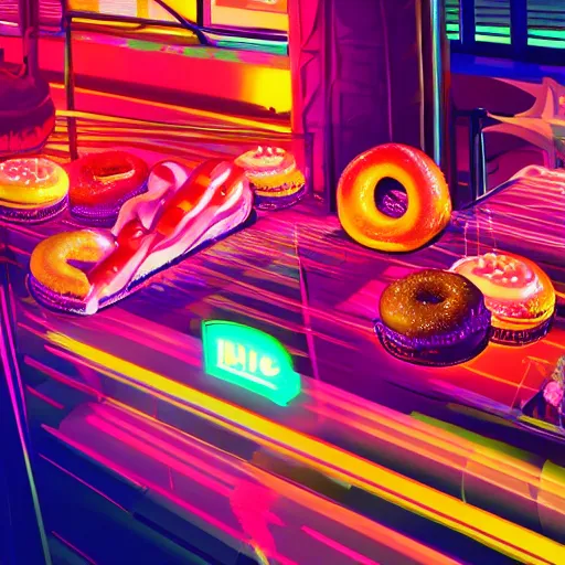 Image similar to colorfull futurism, neon lights, cyberpunk, sweets, macaron, donuts, 4k, hyperrealistic, focused, extreme details, cinematic