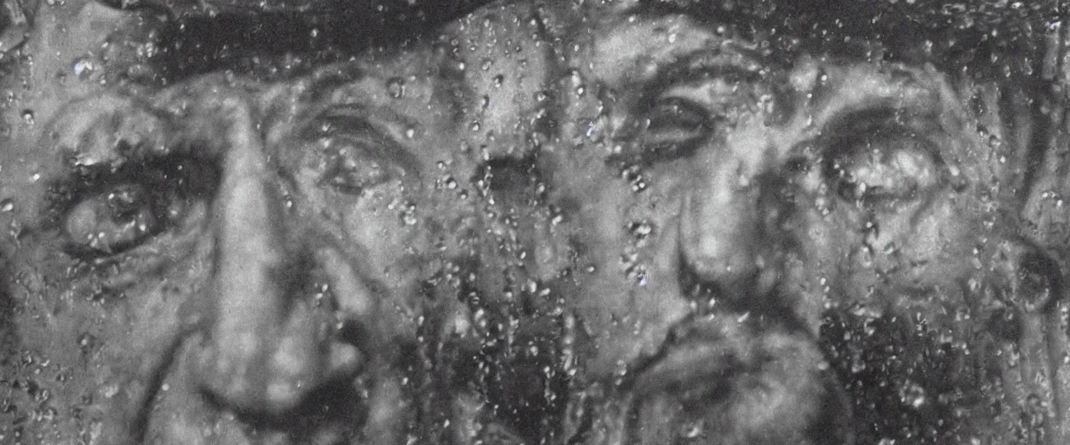 Image similar to weegee self portrait in rain in close up