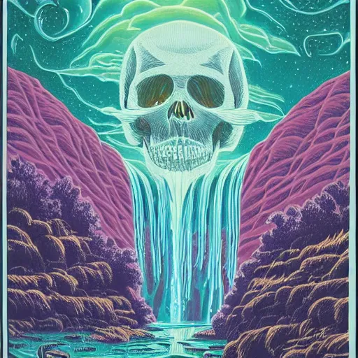 Prompt: ngc 3132 falling waterfall mysterious skull landscape by Casey Weldon, edge of the world, image credit nasa nat geo