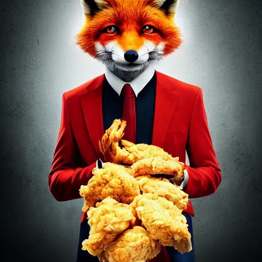 Image similar to hdr quality poster for an action movie fearing cool looking anthropomorphic male fox in suit, stealing lots of fried chicken, promotional media