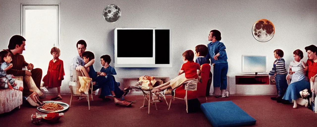 Prompt: a family eating spaghetti watching a tv showing the moon landing, in the style of diane arbus, canon 5 0 mm, wes anderson film, kodachrome, retro