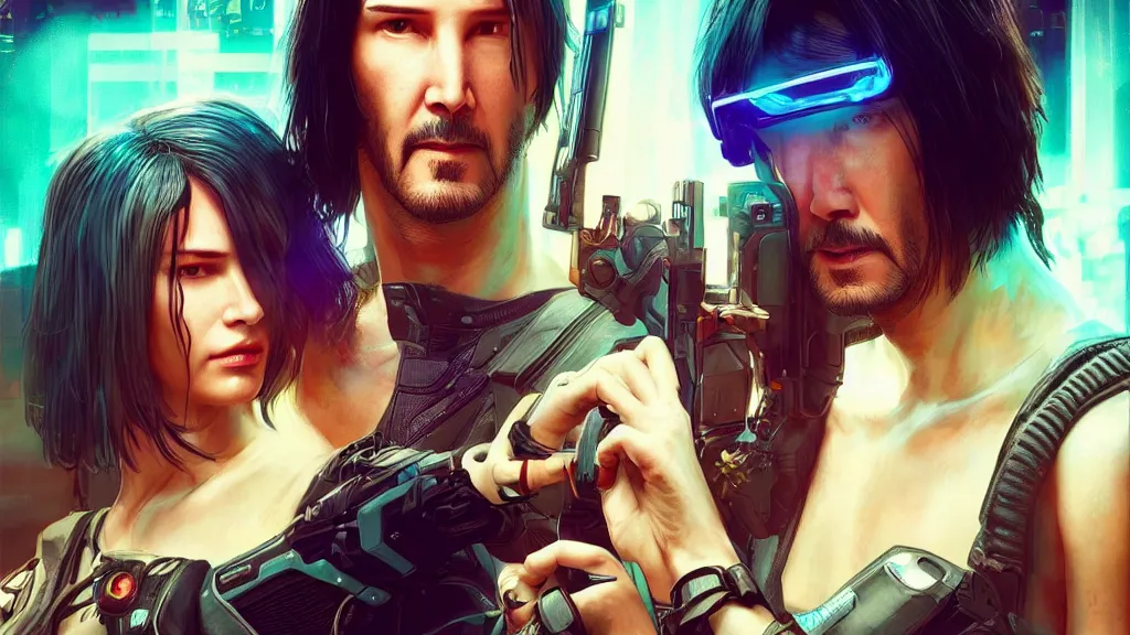 Image similar to a cyberpunk 2077 srcreenshot couple portrait of Keanu Reeves female android in love story,film lighting,by Laurie Greasley,Lawrence Alma-Tadema,Dan Mumford,John Wick,Speed,Replicas,artstation,deviantart,FAN ART,full of color,Digital painting,face enhance,highly detailed,8K,octane,golden ratio,cinematic lighting