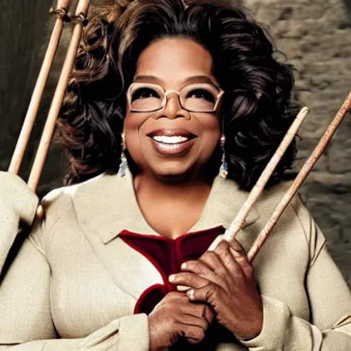 Prompt: Oprah Winfrey in Hogwarts from Harry Potter, waving a magic wand, holding a broomstick, flashes are emerging from the magic wand, photorealistic, highly detailed