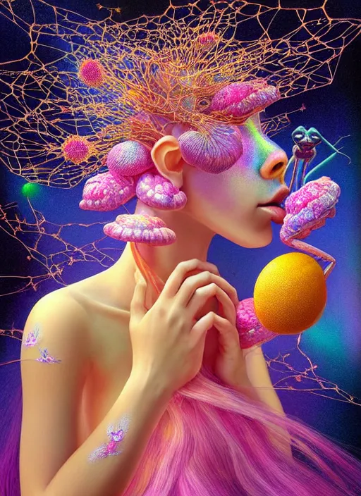 Image similar to hyper detailed 3d render like a Oil painting - kawaii portrait Aurora (gold haired Singer Praying Mantis Dragonfly) seen Eating of the Strangling network of yellowcake aerochrome and milky Fruit and Her compund eyes delicate Hands hold of gossamer polyp blossoms bring iridescent fungal flowers whose spores black the foolish stars by Jacek Yerka, Mariusz Lewandowski, Houdini algorithmic generative render, Abstract brush strokes, Masterpiece, Edward Hopper and James Gilleard, Zdzislaw Beksinski, Mark Ryden, Wolfgang Lettl, hints of Yayoi Kasuma, octane render, 8k