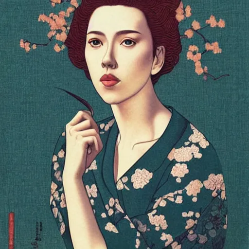 Prompt: “ scarlett johansson portrait by ikenaga yasunari and ayana otake and ko rakusui, 6 0 s poster, drawing, realistic, sharp focus, japanese, dreamy, nostalgia, faded, golden hues, floral clothes, porcelain skin ”