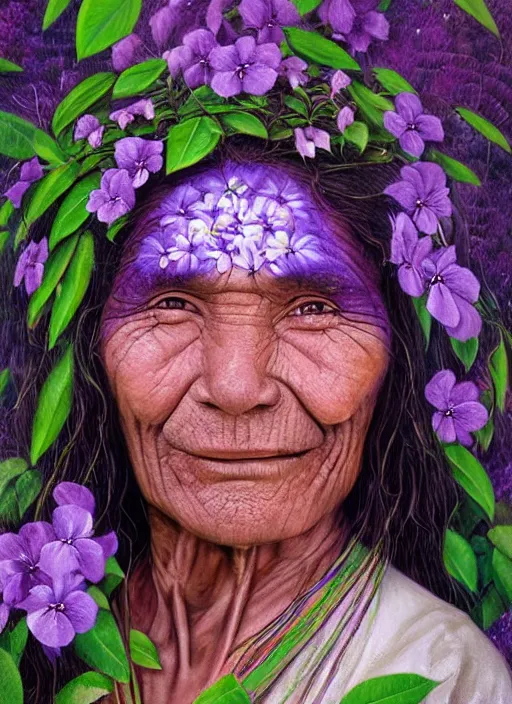 Prompt: a beautiful portrait of a smiling indigenous old woman healer with white long hair in the amazon jungle surrounded by purple flowers of brunfelsia grandiflora, purple face paintings, matte painting, by christophe vacher
