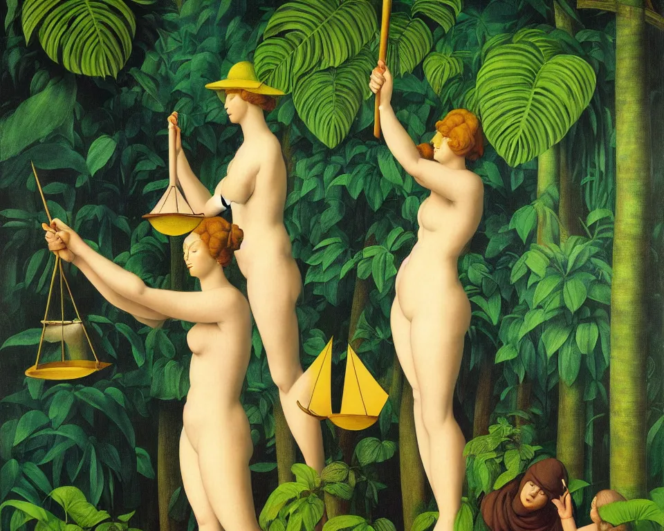 Image similar to an achingly beautiful print of blind lady justice in the tropical rainforest by Raphael, Hopper, and Rene Magritte. detailed, romantic, enchanting, trending on artstation.