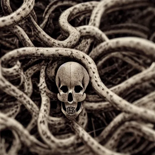 Image similar to extreme closeup photo of a Skulls shrouded in intestine vines, flies sitting on the skull, body horror, 3D render,subsurface scattering,global illumination,raytracing,studio lighting,optical lens flare fx,bokeh,cinematic,photorealistic,photography by Helmut Newton, Sigma 85mm f/1.4, 4K, UHD, HDR