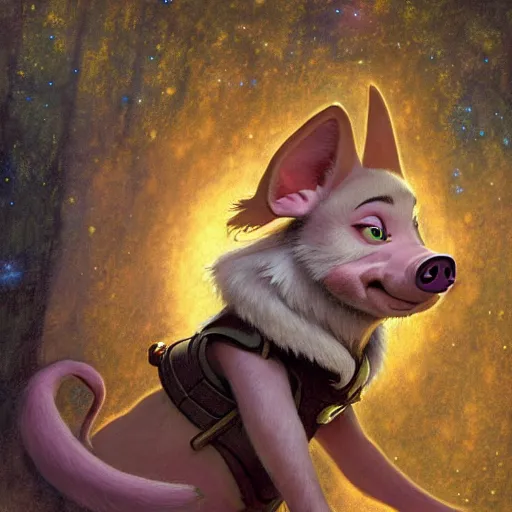 Image similar to a female pig wolf canine in starfleet uniform at night in a dark forest. zootopia fursona furaffinity furry art detailed face painting by gaston bussiere craig mullins jc leyendecker gustav klimt artgerm greg rutkowski furry