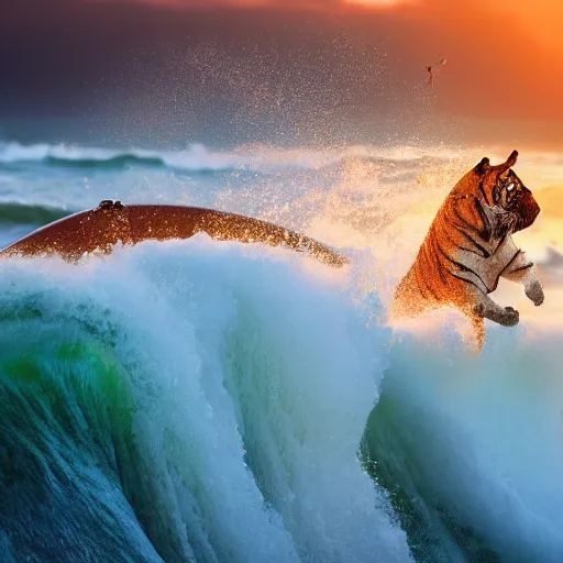 Image similar to a closeup photorealistic photograph of a happy tiger hippopotamus surfing a large wave during sunset. surf in the background. professional capture. brightly lit scene. this 4 k hd image is trending on artstation, featured on behance, well - rendered, extra crisp, features intricate detail, epic composition and the style of unreal engine.