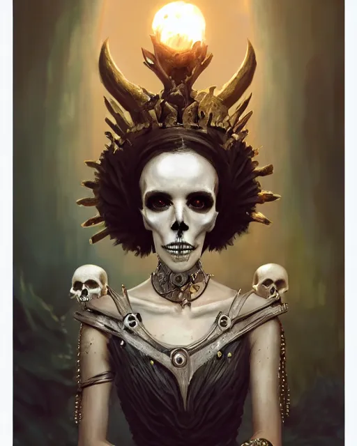 Image similar to illustrated tarot card portrait of a bone queen, bone crown, skull earings, bone dress, stephen bliss, unreal engine, by greg rutkowski, loish, rhads, makoto shinkai and lois van baarle, ilya kuvshinov, rossdraws, global illumination, radiant light, detailed and intricate environment