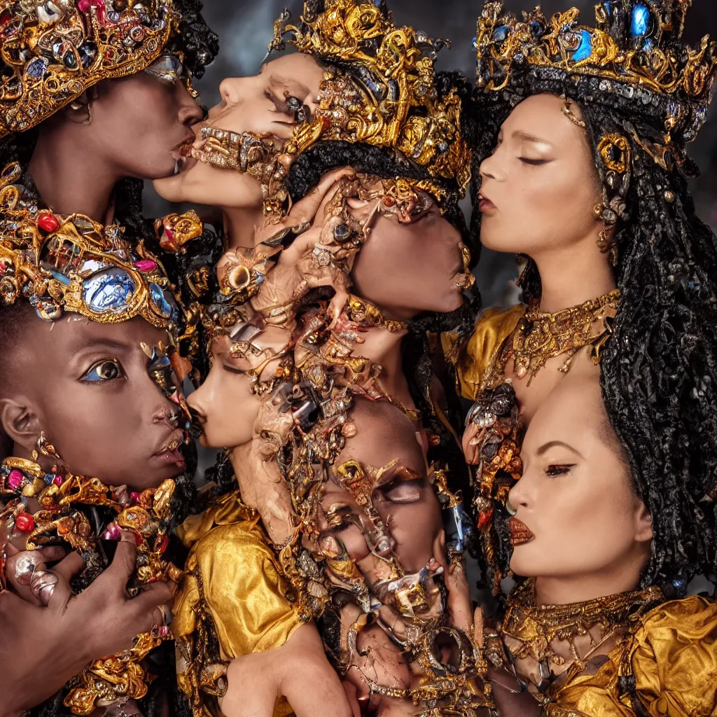 Prompt: a high-resolution color-chrome extreme closeup portrait photo of a medieval voodoo Queen kissing a incredible elegant pale renaissance rococo Queen, with ornate jewelled, rococo Queen, sci-fi, high-tech, beautiful low light, style Steve McCurry Octane render 8k