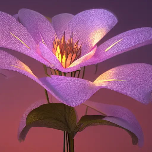 Image similar to Luminescent flower blooming at twilight, cgsociety, r /art, trending on artstation, artstationHD, octane render, highly detailed, vray, volumetric lighting, unreal engine